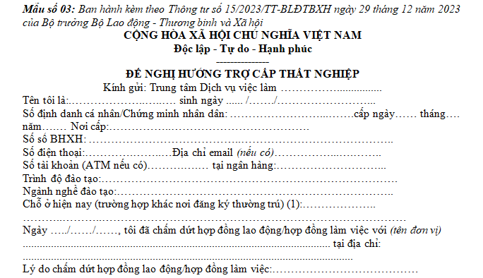 Mẫu đơn đề nghị hưởng trợ cấp thất nghiệp mới nhất 2025