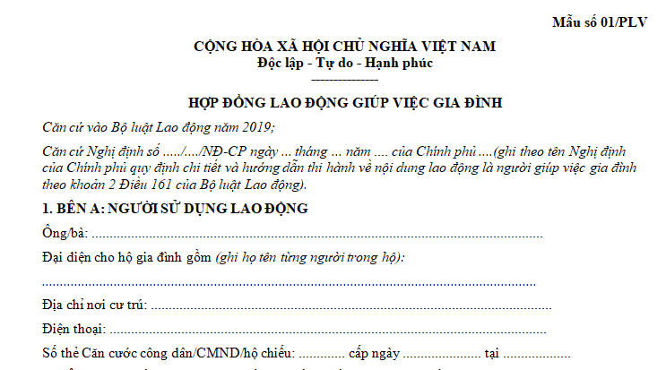 Mẫu số 01/PLV Phụ lục V ban hành kèm theo Nghị định 145/2020/NĐ-CP