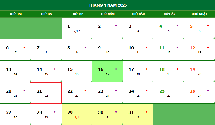 Ngày 21 tháng 1 là ngày gì? Ngày 21 tháng 1 năm 2025 là ngày bao nhiêu âm? NLĐ có được nghỉ làm?