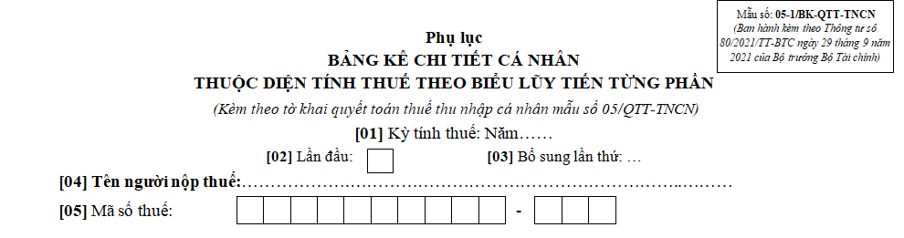 Mẫu Phụ lục bảng kê chi tiết cá nhân thuộc diện tính thuế theo biểu luỹ tiến từng phần