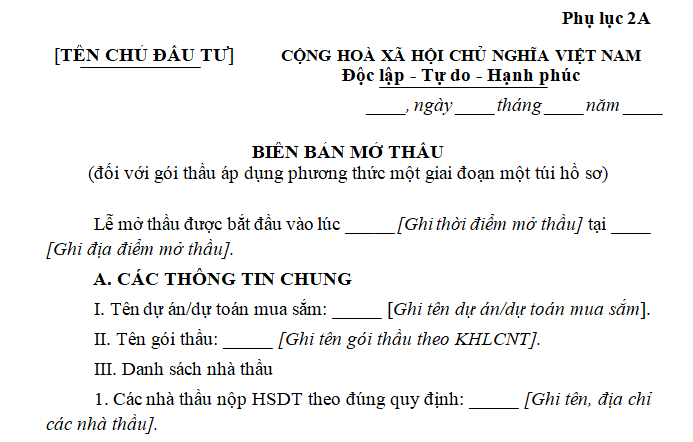 Mẫu biên bản mở thầu mới nhất từ 8/8/2025