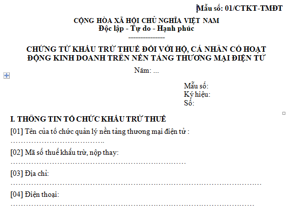 Mẫu chứng từ khấu trừ thuế đối với hộ kinh doanh trên nền tảng thương mại điện tử