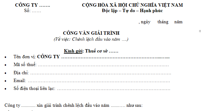 Mẫu công văn giải trình chênh lệch thuế giá trị gia tăng đầu vào