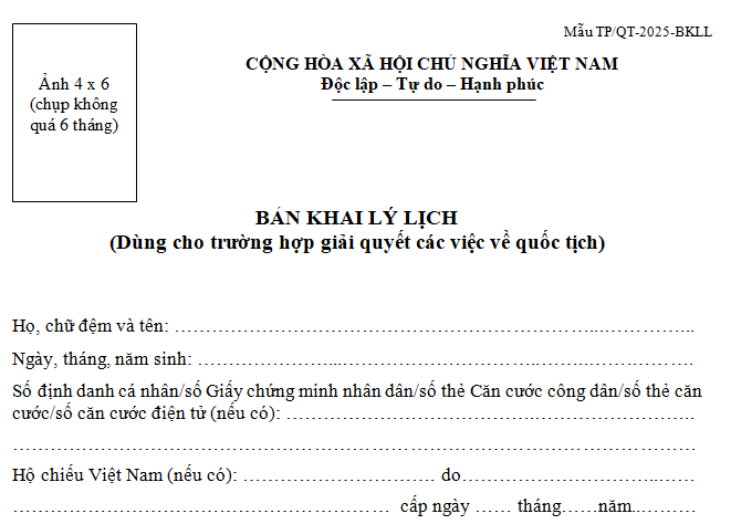 Mẫu Bản khai lý lịch mới nhất 2025 (Mẫu TP/QT-2025-BKLL kèm theo Thông tư 12/2025/TT-BTP)