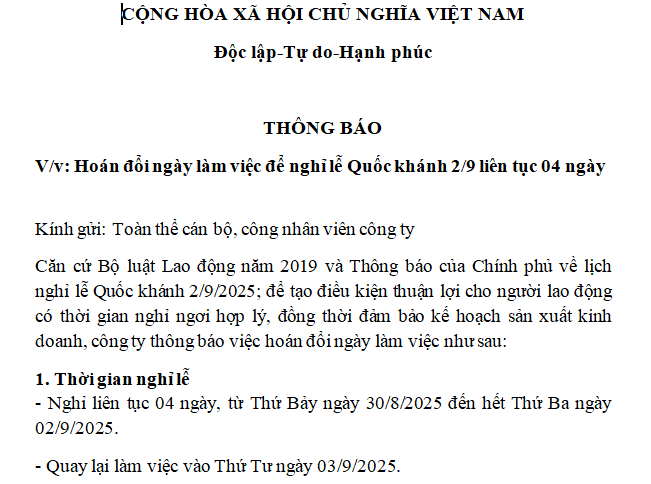 Mẫu thông báo hoán đổi ngày làm việc để nghỉ lễ 2 9 năm 2025 liên tục 4 ngày dành cho người lao động làm thứ 7 