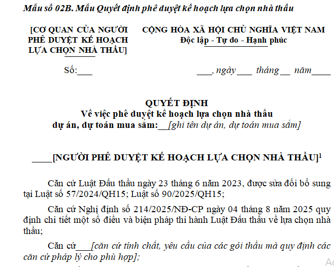 Mẫu Quyết định phê duyệt kế hoạch lựa chọn nhà thầu mới áp dụng từ 04/08/2025