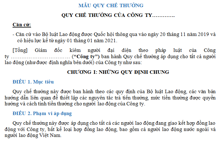 Mẫu Quy chế thưởng của công ty 