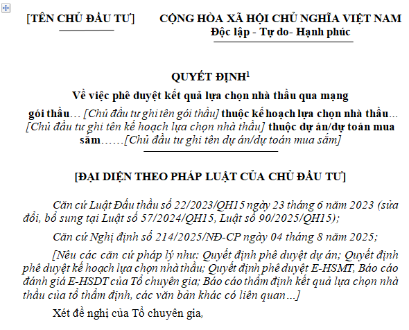 Mẫu Quyết định phê duyệt kết quả lựa chọn nhà thầu đối với đấu thầu qua mạng