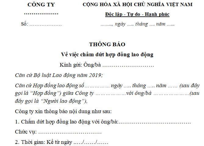 Mẫu thông báo chấm dứt hợp đồng lao động mới nhất năm 2025