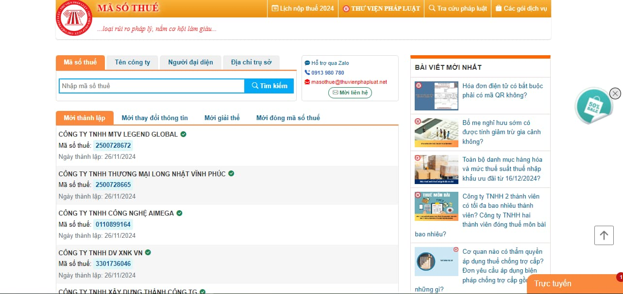 Tra cứu thông tin doanh nghiệp qua mã số thuế trên website Mã Số Thuế của Thư Viện Pháp Luật