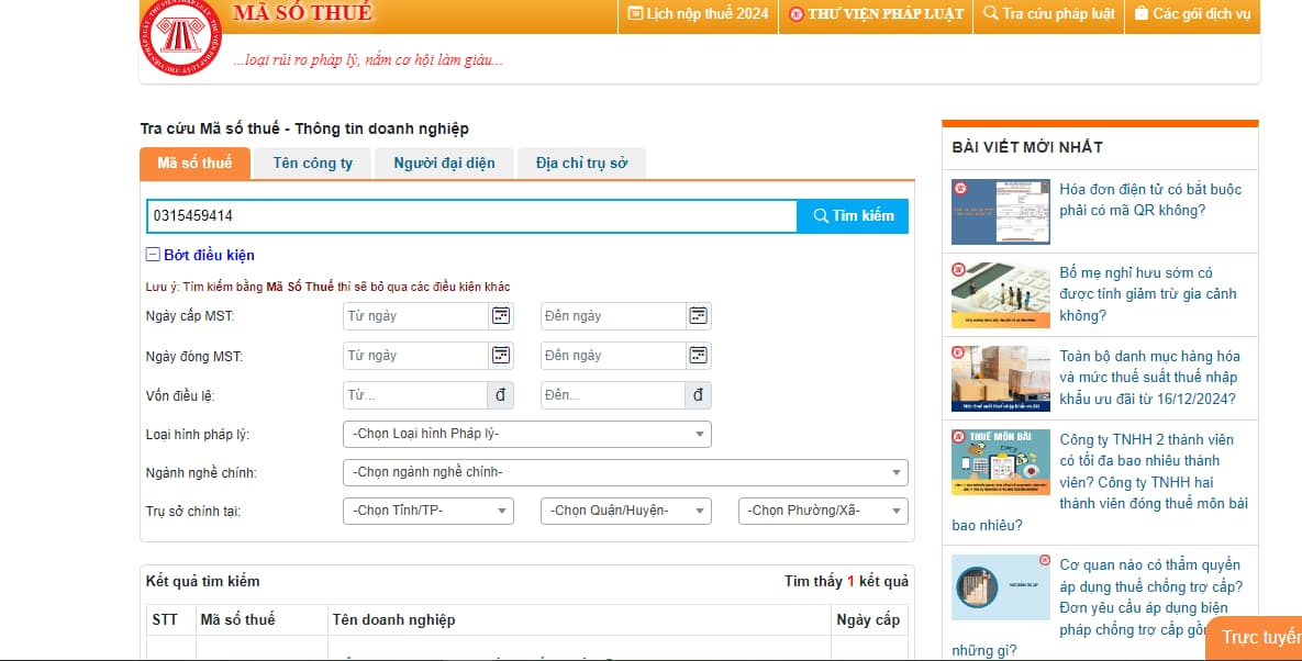 Tra cứu thông tin doanh nghiệp qua mã số thuế trên website Mã Số Thuế của Thư Viện Pháp Luật