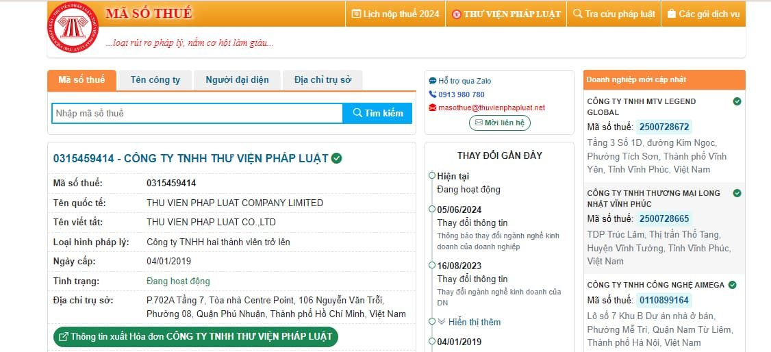 Tra cứu thông tin doanh nghiệp qua mã số thuế trên website Mã Số Thuế của Thư Viện Pháp Luật