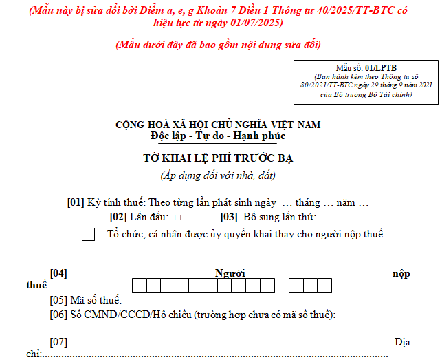 Mẫu tờ khai lệ phí trước bạ đối với nhà đất
