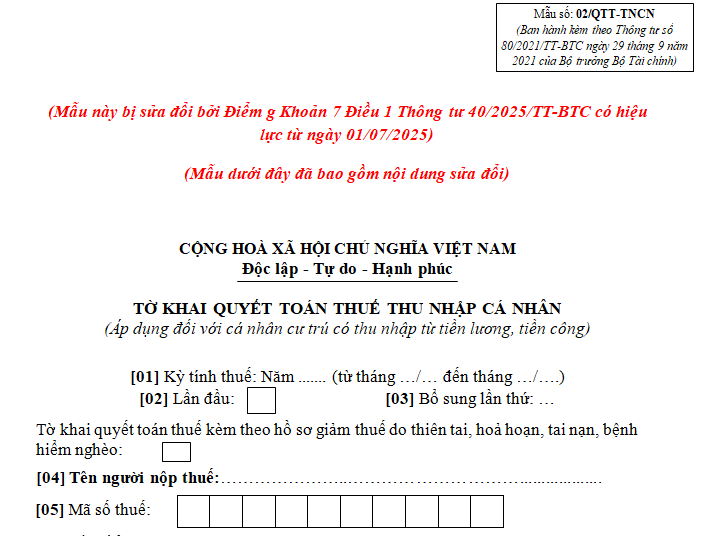 Mẫu tờ khai quyết toán thuế thu nhập cá nhân mới nhất từ 1/7/2025 áp dụng đối với cá nhân cư trú có thu nhập từ tiền lương, tiền công