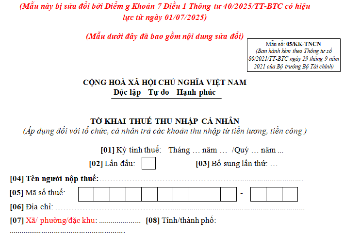 Mẫu tờ khai thuế thu nhập cá nhân từ tiền lương, tiền công từ 1/7/2025