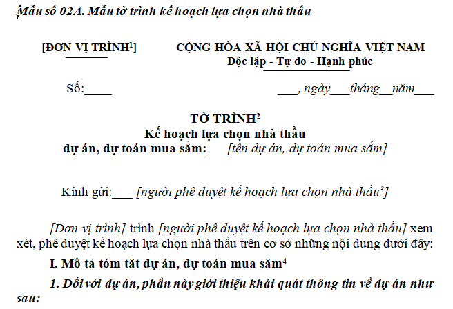 Mẫu Tờ trình kế hoạch lựa chọn nhà thầu