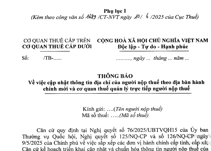 Mẫu Thông báo về việc cập nhật địa chỉ của người nộp thuế theo địa bàn hành chính mới