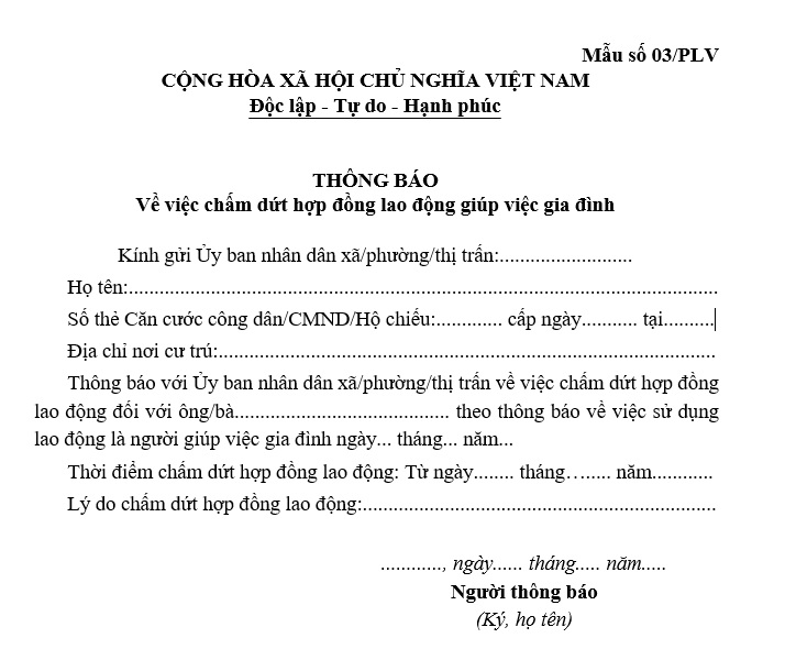 Mẫu Thông báo về việc chấm dứt hợp đồng lao động giúp việc gia đình