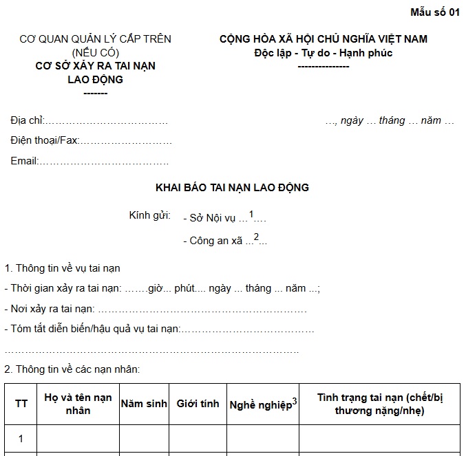 Mẫu khai báo tai nạn lao động từ ngày 01/7/2025