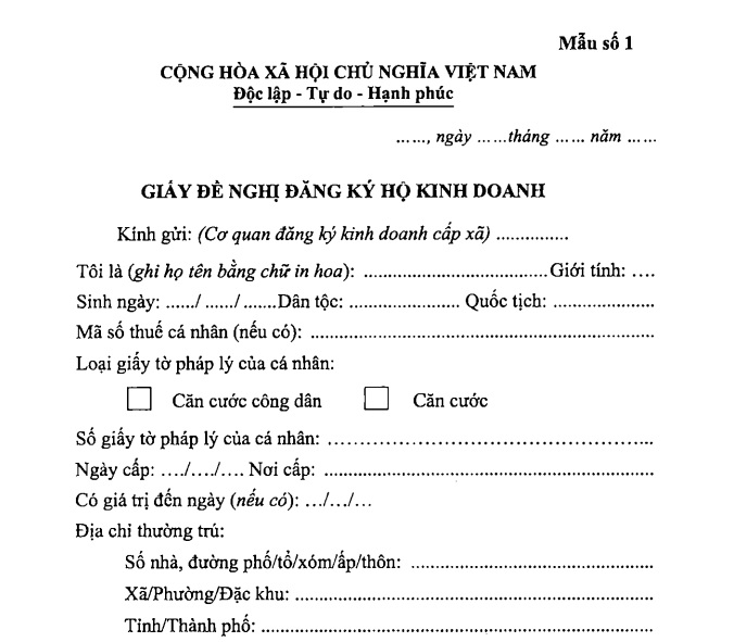 Mẫu giấy đề nghị đăng ký hộ kinh doanh từ 01/7/2025 (Mẫu số 1 kèm theo Thông tư 43/2025/TT-BTC)