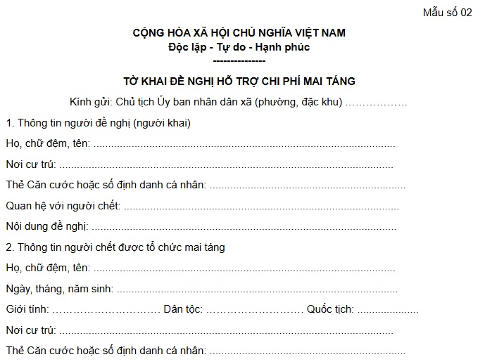 Mẫu tờ khai đề nghị hỗ trợ chi phí mai táng áp dụng từ 01/7/2025