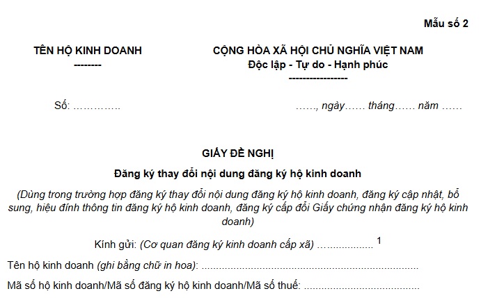 Mẫu Giấy đề nghị đăng ký thay đổi nội dung đăng ký hộ kinh doanh (Mẫu số 2 kèm theo Thông tư 68/2025/TT-BTC)