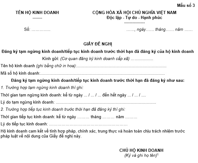 Mẫu Giấy đề nghị đăng ký tạm ngừng kinh doanh của hộ kinh doanh (Mẫu số 3 kèm theo Thông tư 68/2025/TT-BTC)