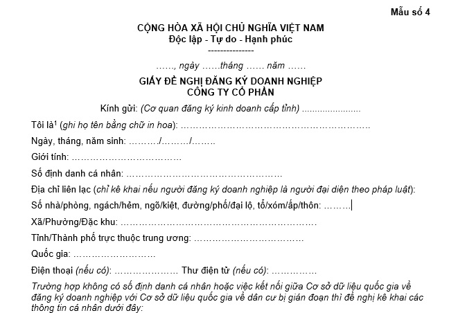 Mẫu giấy đề nghị đăng ký doanh nghiệp công ty cổ phần