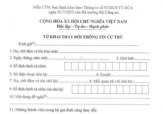 Mẫu Tờ khai thay đổi thông tin cư trú CT01 từ 01/7/2025 theo Thông tư 53 năm 2025 của Bộ Công an