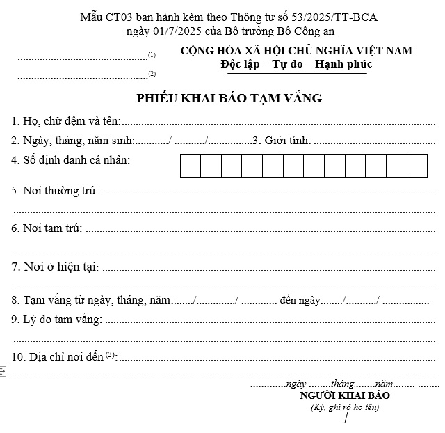 Mẫu CT03 Phiếu khai báo tạm vắng mới nhất từ 01/7/2025 theo Thông tư 53