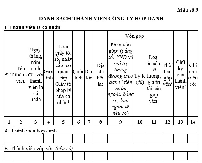 Mẫu Danh sách thành viên công ty hợp danh mới nhất (Mẫu số 9 kèm theo Thông tư 68/2025/TT-BTC)