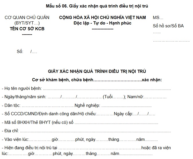 Mẫu giấy xác nhận quá trình điều trị nội trú mới nhất (Mẫu số 06 kèm theo Thông tư 25/2025/TT-BYT)