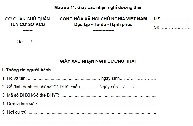Mẫu giấy xác nhận nghỉ dưỡng thai mới nhất (Mẫu số 11 kèm theo Thông tư 25/2025/TT-BYT)