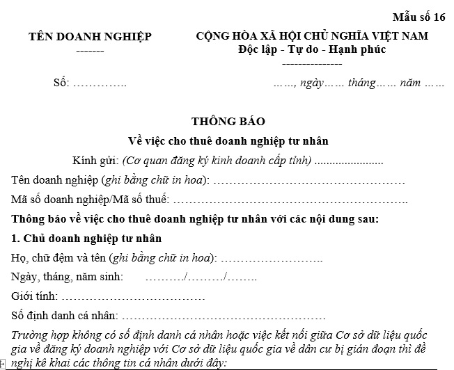 Mẫu thông báo cho thuê doanh nghiệp tư nhân mới nhất (Mẫu số 16 kèm theo Thông tư 68/2025/TT-BTC)