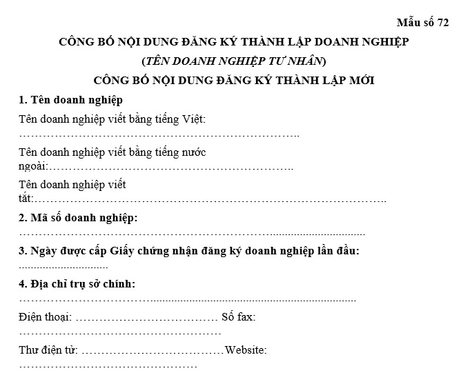 Mẫu công bố nội dung đăng ký thành lập doanh nghiệp mới nhất (Mẫu số 72 kèm theo Thông tư 68/2025/TT-BTC)