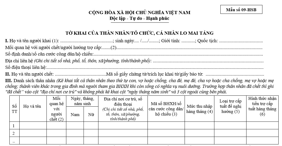 Mẫu số 09-HSB kèm theo Quyết định 2222/QĐ-BHXH năm 2025