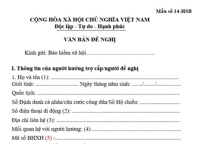 Mẫu đơn đề nghị hưởng trợ cấp BHXH một lần mới nhất (Mẫu số 14-HSB kèm theo Quyết định 2222/QĐ-BHXH năm 2025)