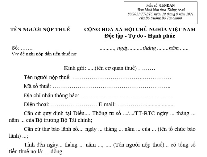 Mẫu đơn đề nghị nộp dần tiền thuế nợ