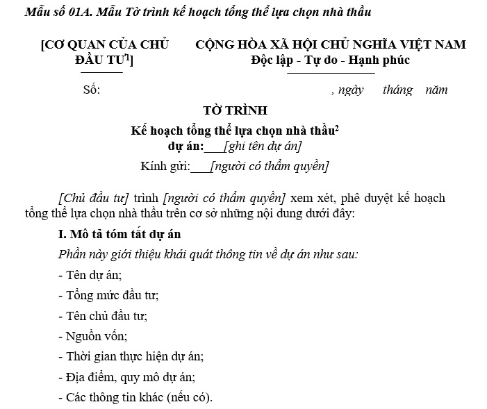 Mẫu số 01A Mẫu Tờ trình kế hoạch tổng thể lựa chọn nhà thầu mới nhất theo Thông tư 79/2025/TT-BTC