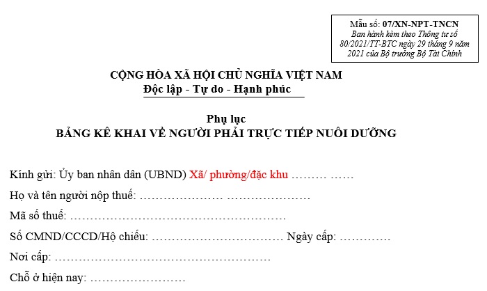 Mẫu kê khai người phụ thuộc phải trực tiếp nuôi dưỡng