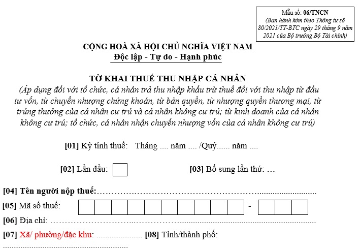 Mẫu tờ khai thuế TNCN đối với cá nhân trả thu nhập khấu trừ thuế
