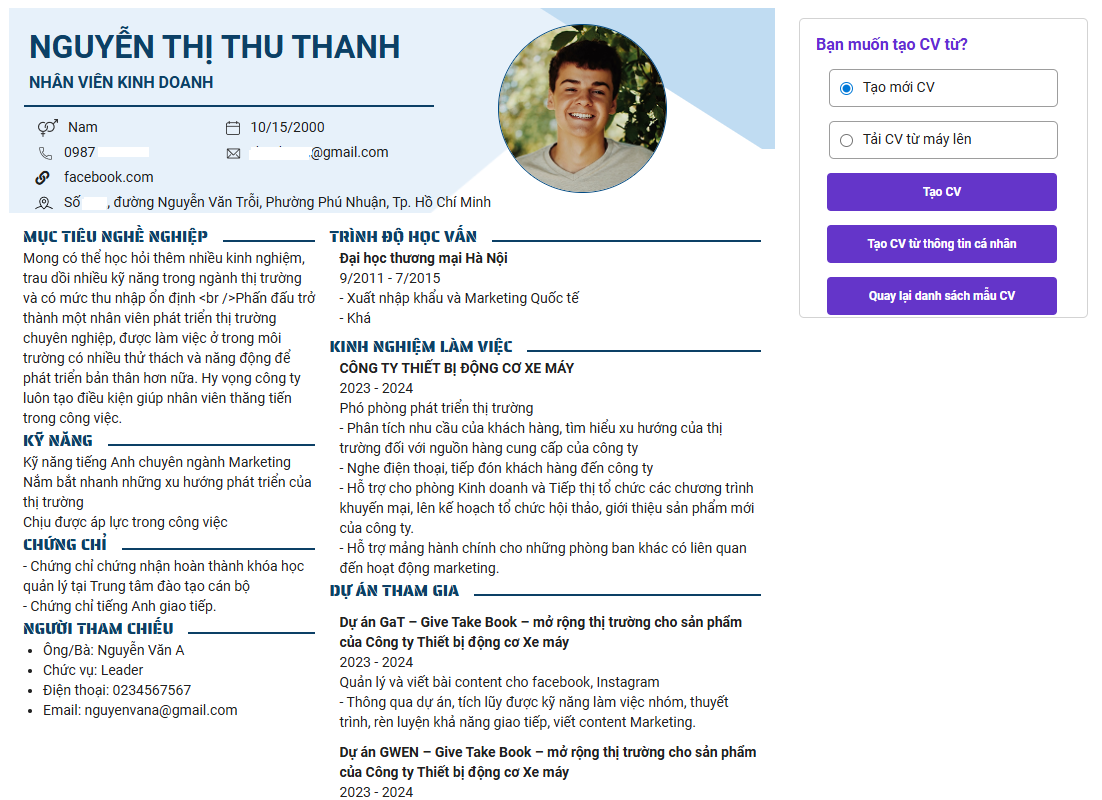 Công cụ tạo CV nhân viên bán hàng online trên NhanSu.vn