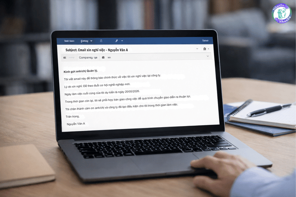 Mẫu email xin nghỉ việc hiển thị trên màn hình laptop