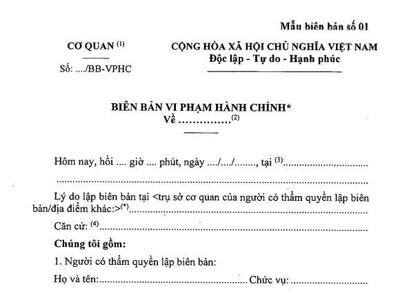 Mẫu Biên bản vi phạm hành chính