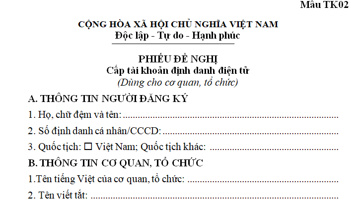Mẫu Phiếu đề nghị cấp tài khoản định danh điện tử cho cơ quan, tổ chức