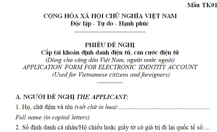 Mẫu Phiếu đề nghị cấp tài khoản định danh điện tử, căn cước điện tử cho cá nhân