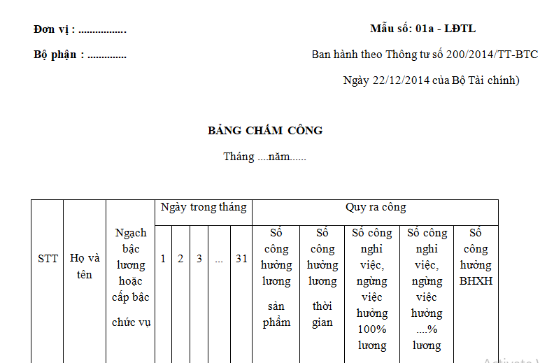 mẫu bảng chấm công theo tháng theo Mẫu 01a - LĐTL Phụ lục 3 ban hành theo Thông tư 200/2014/TT-BTC
