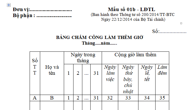 Mẫu bảng chấm công làm thêm giờ mới nhất 2025 theo Mẫu 01b-LĐTL ban hành kèm theo Thông tư 200/2014/TT-BTC 