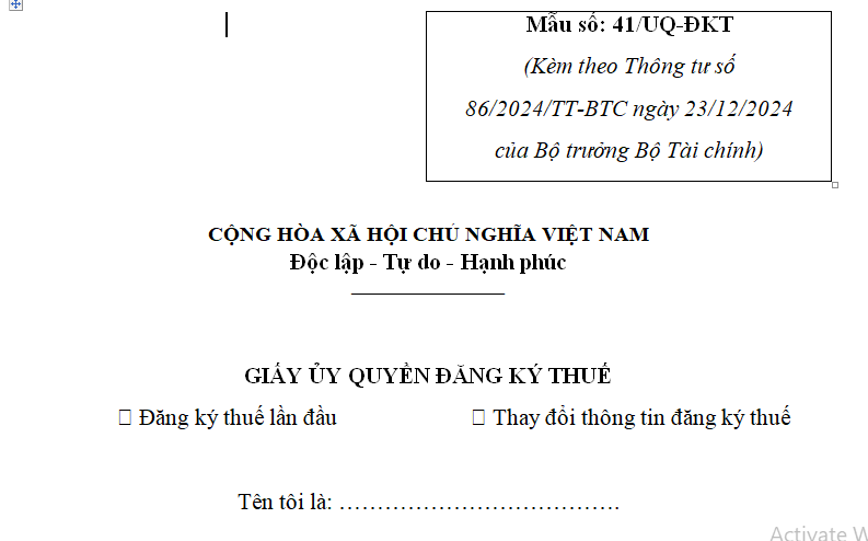 Mẫu giấy ủy quyền đăng ký thuế theo Mẫu số 41/UQ-ĐKT ban hành kèm theo Thông tư 86/2024/TT-BTC