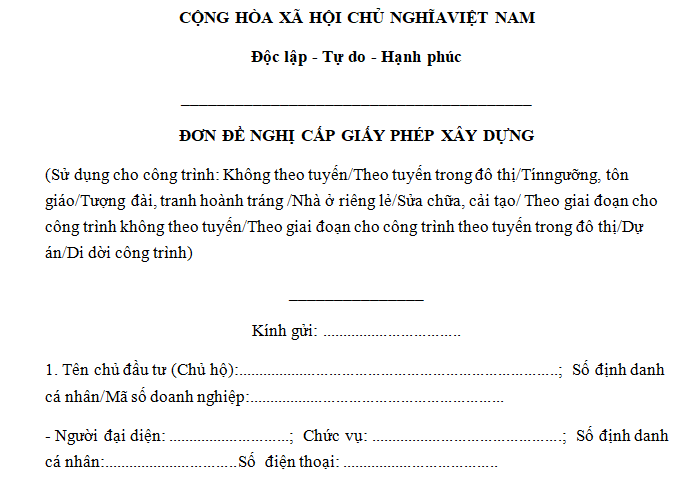 Mẫu đơn đề nghị cấp giấy phép xây dựng